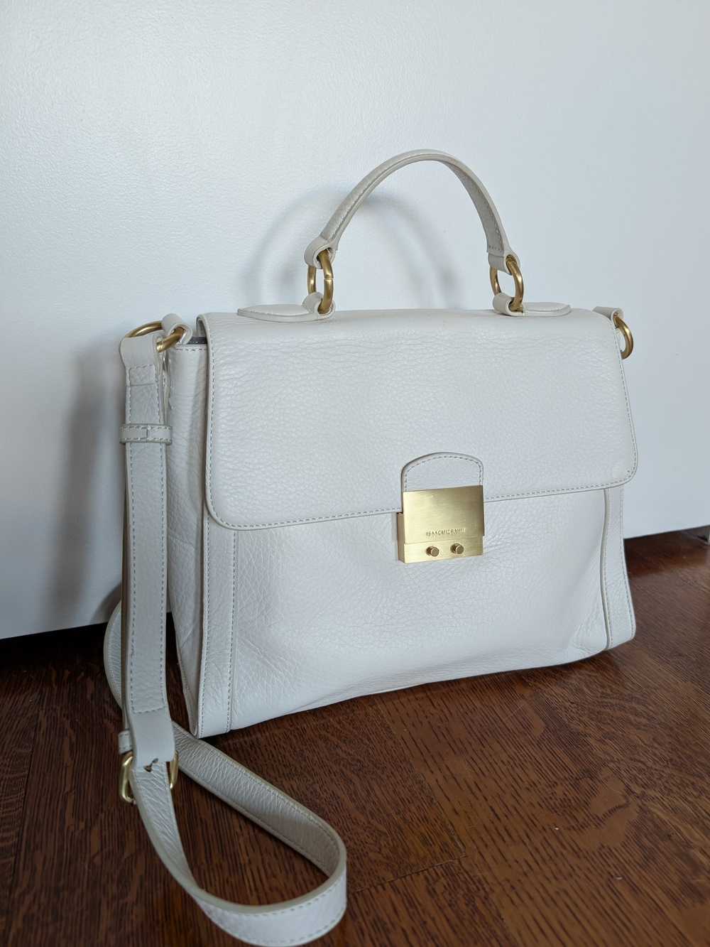 Isaac Mizrahi White Pebbled Leather Top-Handle Satchel with Gold Hardware